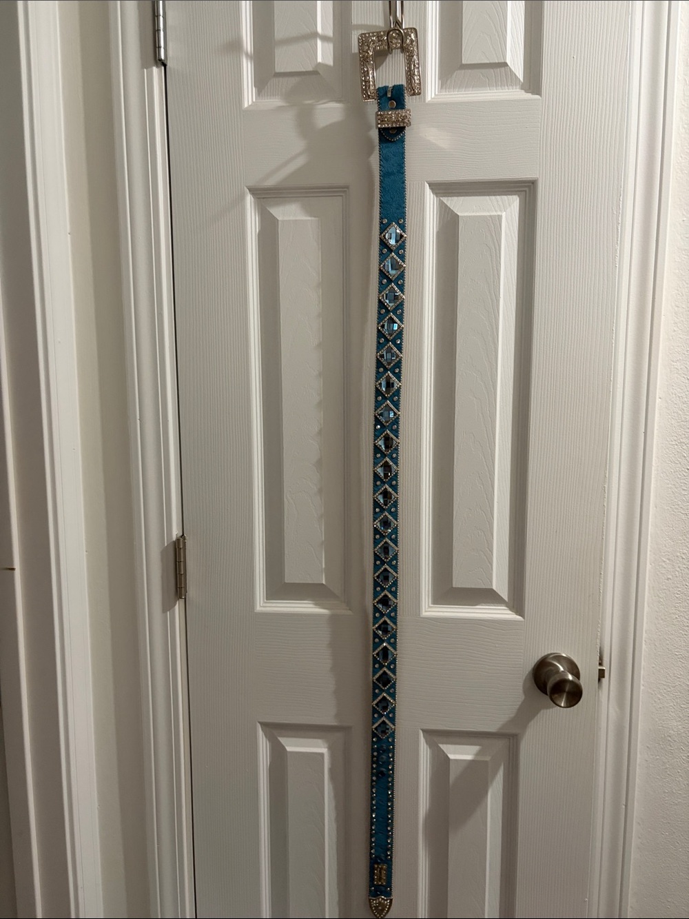 Teal  Cowhide like Fabric Beaded Western Style Belt with Rhinestone Buckle.